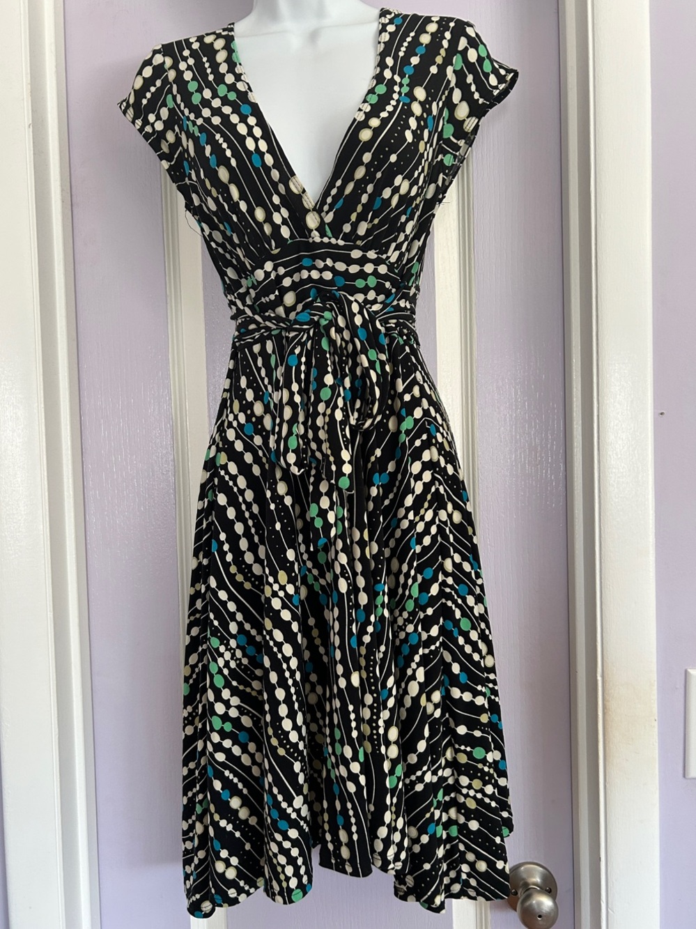 Ruby Rox Black Wrap Midi Dress with Teal & Mint Dot Wave Print